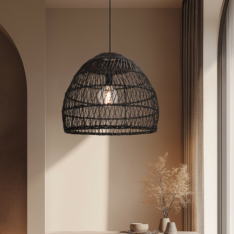 Rattan Pendelleuchte Schwarz, Rosa