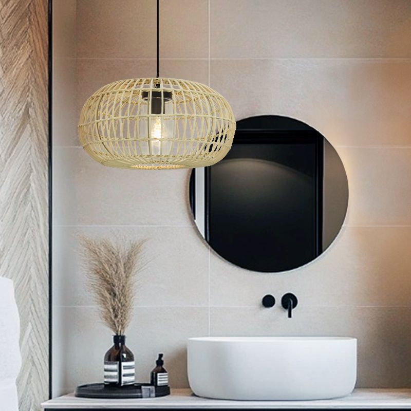 Rattan Pendelleuchte Badezimmer Braun, Emilio, IP44