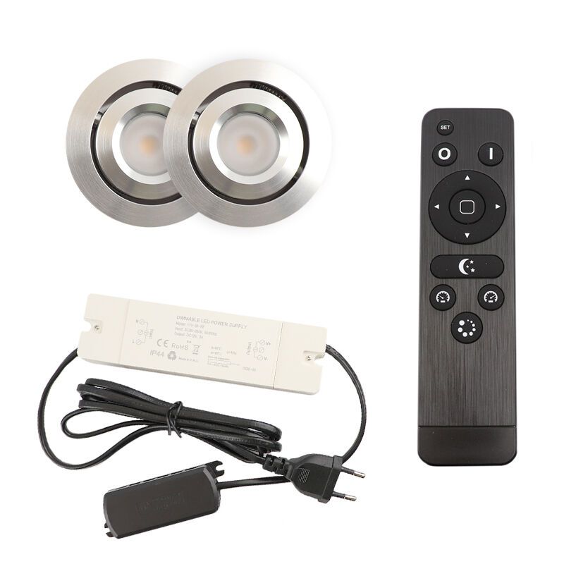 2 schwenkbare Einbaustrahler Terrassenüberdachung Rona, IP44, mit Anschlussset und Fernbedienung, Chrom