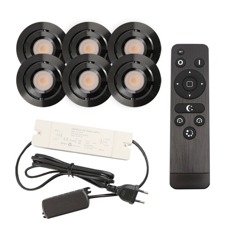 6 schwenkbare Einbaustrahler Terrassenüberdachung Rona, IP44, mit Anschlussset und Fernbedienung, Schwarz