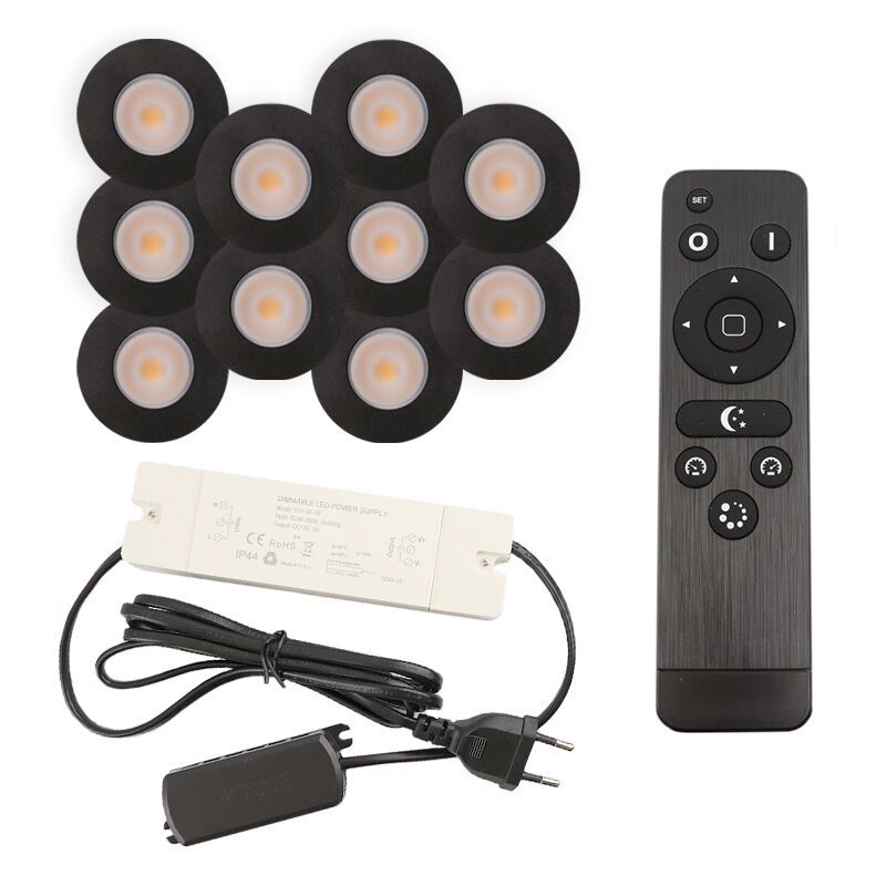 10 schwarze Einbaustrahler Terrassenüberdachung Dico, IP65, inkl. Anschlussset und Fernbedienung 10 schwarze Einbaustrahler Terrassenüberdachung Dico, IP65, inkl. Anschlussset und Fernbedienung