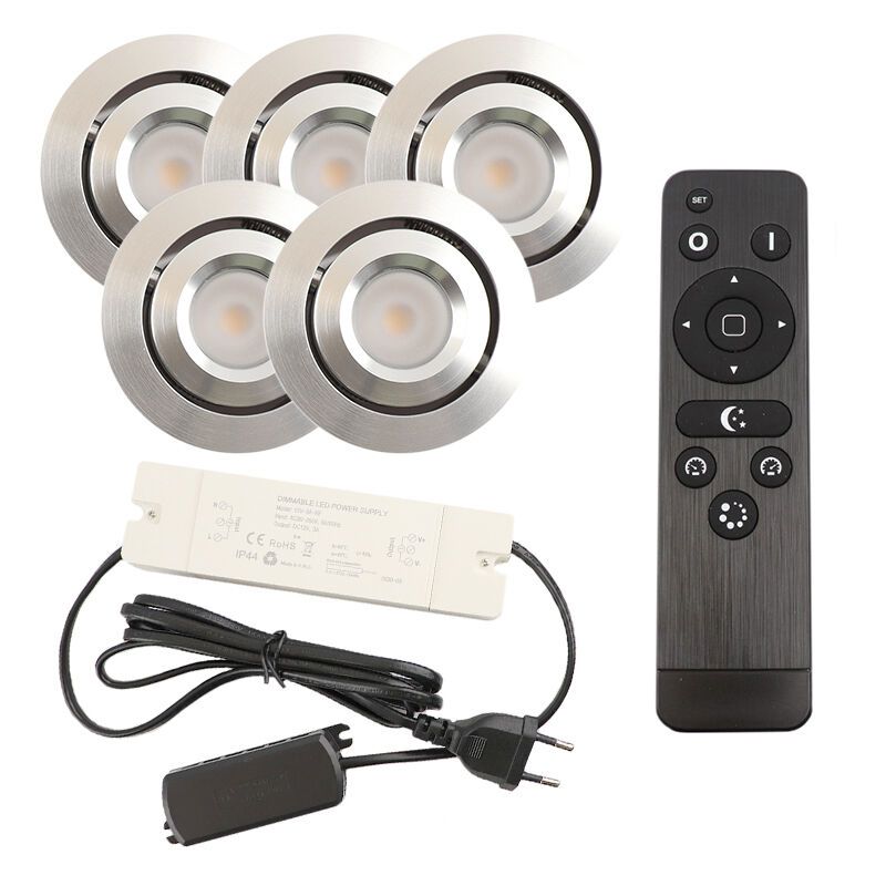 5 schwenkbare Einbaustrahler Terrassenüberdachung Rona, IP44, mit Anschlussset und Fernbedienung, Chrom 5 schwenkbare Einbaustrahler Terrassenüberdachung Rona, IP44, mit Anschlussset und Fernbedienung, Chrom