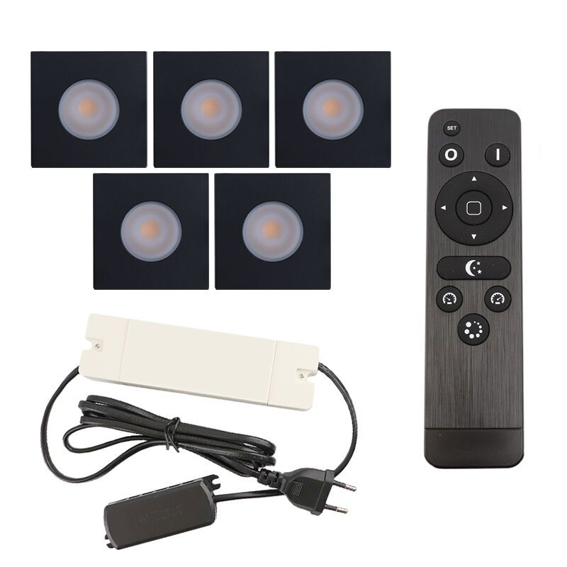 5 eckige schwarze Einbaustrahler Terrassenüberdachung Dico, IP65, inkl. Anschlussset und Fernbedienung