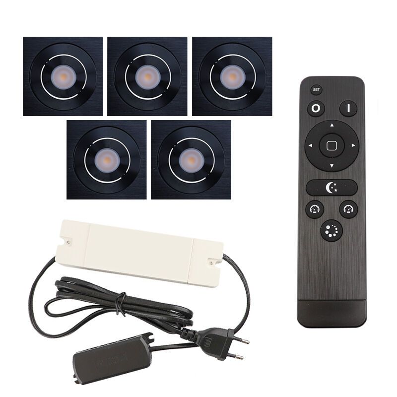 5 schwenkbare Einbaustrahler Terrassenüberdachung Rona eckig, IP44, mit Anschlussset und Fernbedienung, Schwarz