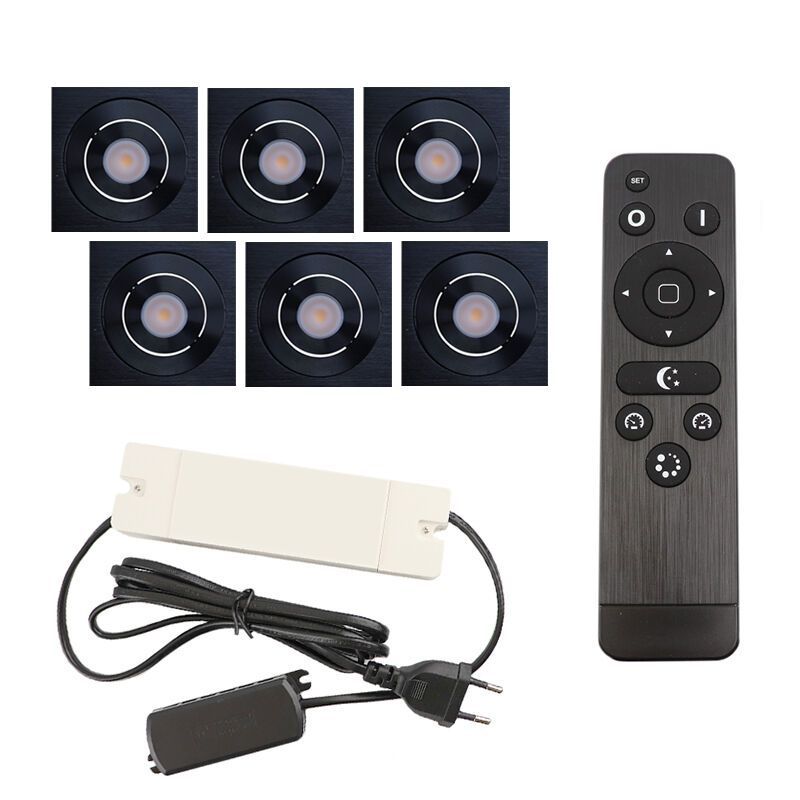 6 schwenkbare Einbaustrahler Terrassenüberdachung Rona eckig, IP44, mit Anschlussset und Fernbedienung, Schwarz