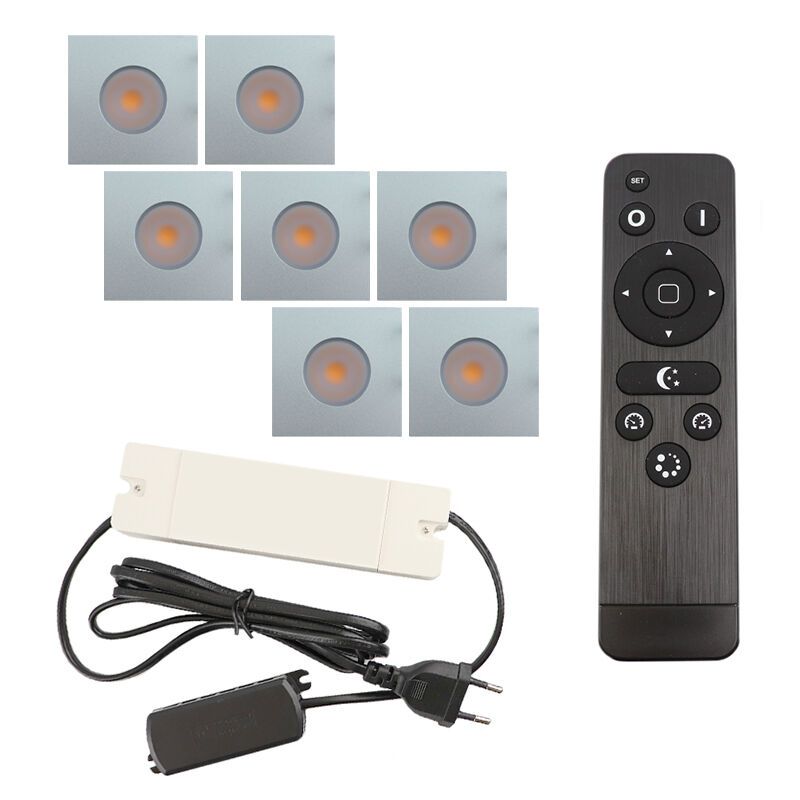 7 eckige chrom Einbaustrahler Terrassenüberdachung Dico, IP65, inkl. Anschlussset und Fernbedienung