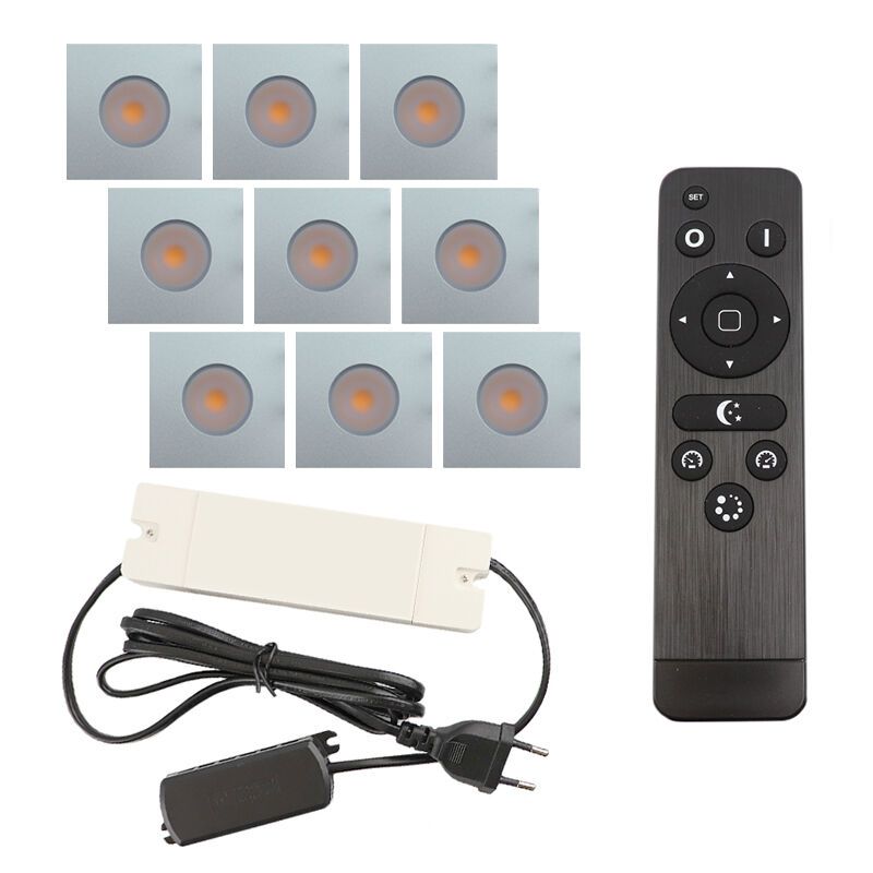 9 eckige chrom Einbaustrahler Terrassenüberdachung Dico, IP65, inkl. Anschlussset und Fernbedienung