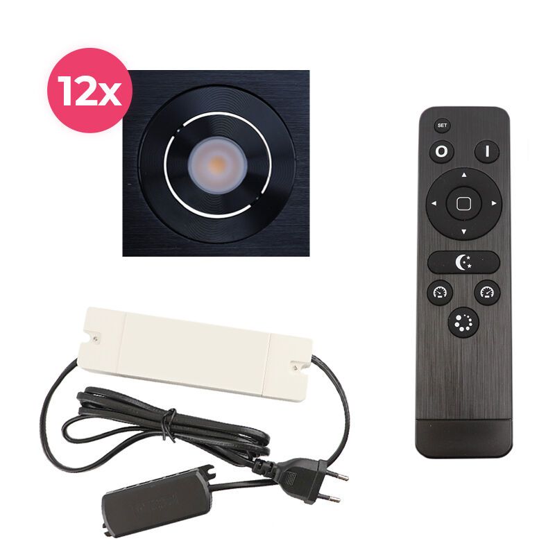 12 schwenkbare Einbaustrahler Terrassenüberdachung Rona eckig, IP44, mit Anschlussset und Fernbedienung, Schwarz 12 schwenkbare Einbaustrahler Terrassenüberdachung Rona eckig, IP44, mit Anschlussset und Fernbedienung, Schwarz