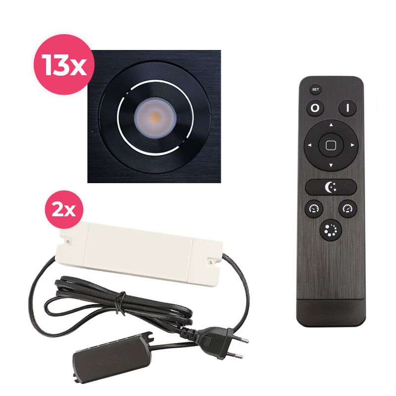 13 schwenkbare Einbaustrahler Terrassenüberdachung Rona eckig, IP44, mit Anschlussset und Fernbedienung, Schwarz 13 schwenkbare Einbaustrahler Terrassenüberdachung Rona eckig, IP44, mit Anschlussset und Fernbedienung, Schwarz