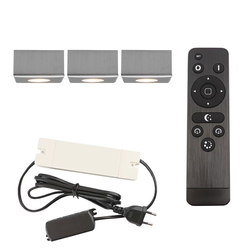 3 eckige chrom Aufbaustrahler Terrassenüberdachung Fredo, IP44, inkl. Anschlussset und Fernbedienung