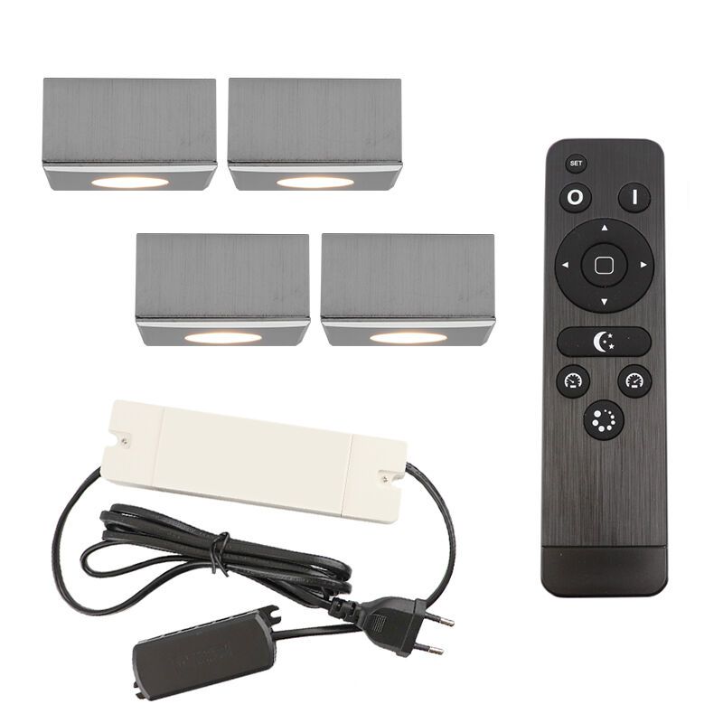 4 eckige chrom Aufbaustrahler Terrassenüberdachung Fredo, IP44, inkl. Anschlussset und Fernbedienung 4 eckige chrom Aufbaustrahler Terrassenüberdachung Fredo, IP44, inkl. Anschlussset und Fernbedienung