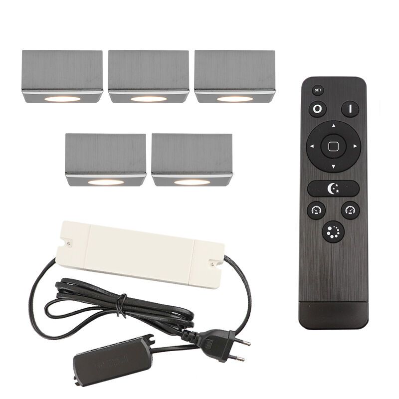 5 eckige chrom Aufbaustrahler Terrassenüberdachung Fredo, IP44, inkl. Anschlussset und Fernbedienung