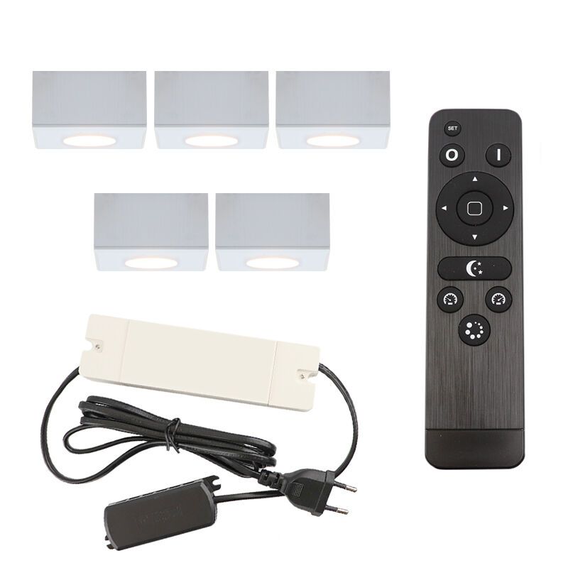 5 eckige weiße Aufbaustrahler Terrassenüberdachung Fredo, IP44, inkl. Anschlussset und Fernbedienung 5 eckige weiße Aufbaustrahler Terrassenüberdachung Fredo, IP44, inkl. Anschlussset und Fernbedienung