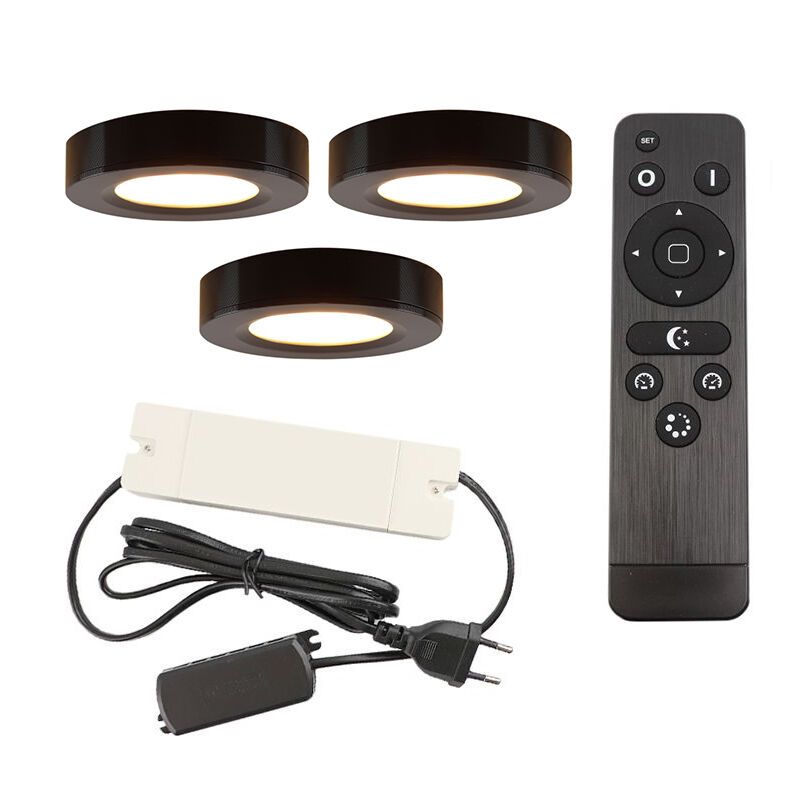 3 runde Küchenschrankleuchten, schwarz, inkl. Anschlussset und Fernbedienung 3 runde Küchenschrankleuchten, schwarz, inkl. Anschlussset und Fernbedienung