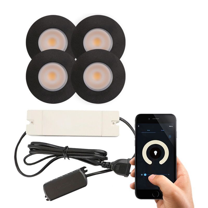 4 schwarze Smart Einbaustrahler Terrassenüberdachung Dico, IP65, inkl. Anschlussset