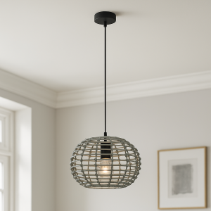 Rattan Pendelleuchte Grau, Roza
