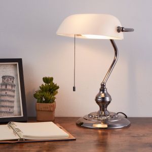 Nickel antik Bankerlampe Stahl, Lugco, mit Zugschalter