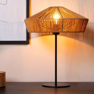 Rattan Tischleuchte Holz, Yunkai, mit Schalter