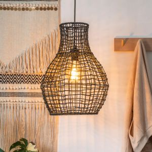 Schwarze Pendelleuchte Alban, Rattan, ländlich