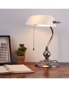 Nickel antik Bankerlampe Stahl, Lugco, mit Zugschalter