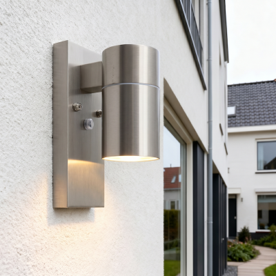 Moderne Außen Wandleuchte mit Dämmerungsmelder Silber, Pedro, IP44