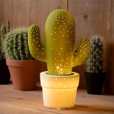 Keramik Tischleuchte Grün, Cactus, mit Schalter