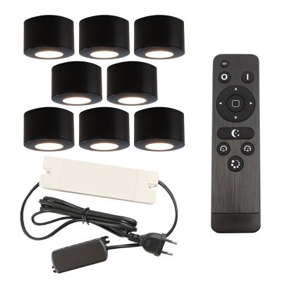 8 runde schwarze Aufbaustrahler Terrassenüberdachung Vasso, IP44, inkl. Anschlussset und Fernbedienung