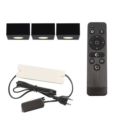 3 eckige schwarze Aufbaustrahler Terrassenüberdachung Fredo, IP44, inkl. Anschlussset und Fernbedienung