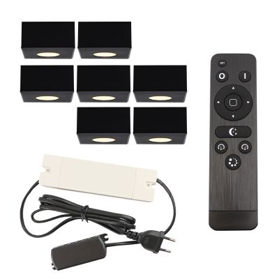 7 eckige schwarze Aufbaustrahler Terrassenüberdachung Fredo, IP44, inkl. Anschlussset und Fernbedienung