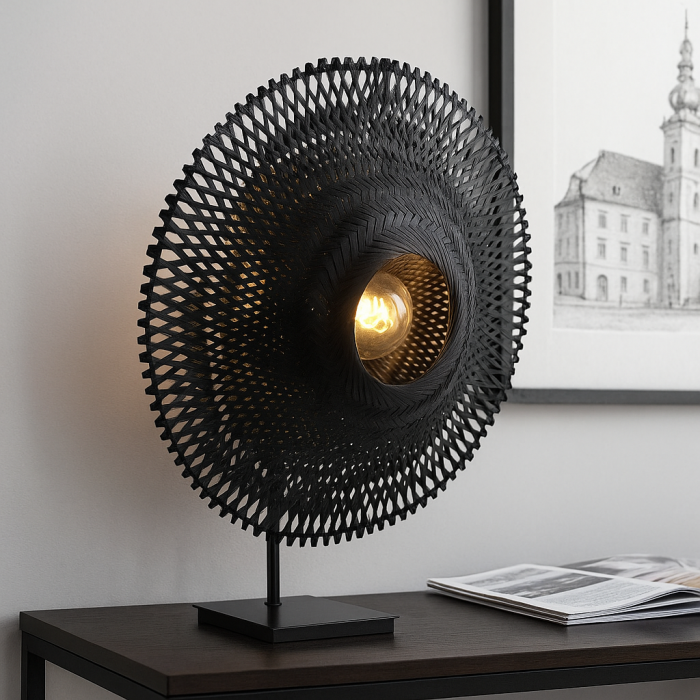 Rattan Tischleuchte Schwarz, Cordoba, mit Schalter