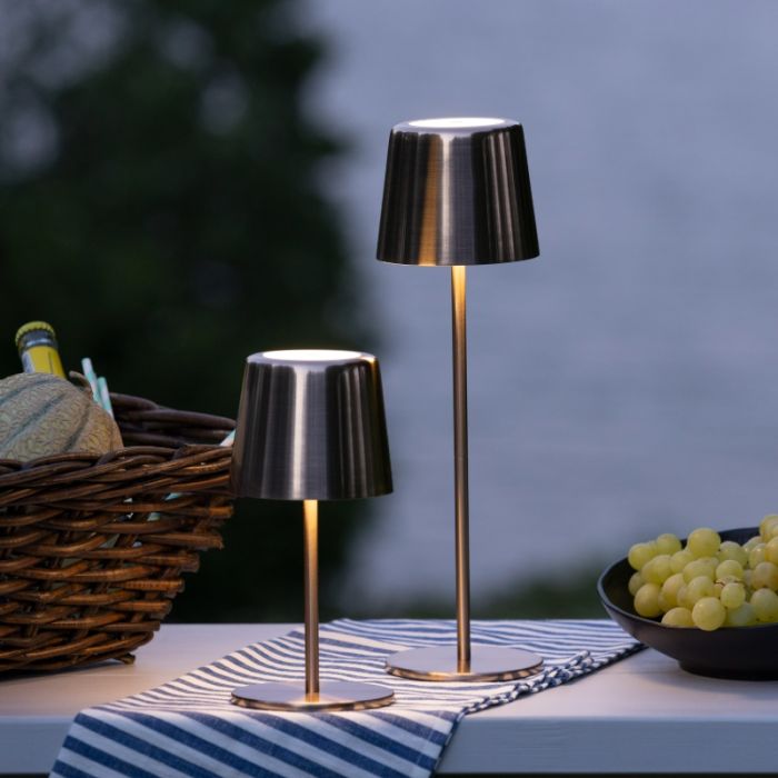 Moderne aufladbare Außen Tischlampe Kupfer, Skander, 4W, warm- bis kaltweiß einstellbare LED, IP44, mit Touch-Dimmer