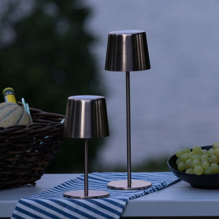 Moderne aufladbare Außen Tischlampe Kupfer, Skander, 4W, warm- bis kaltweiß einstellbare LED, IP44, mit Touch-Dimmer