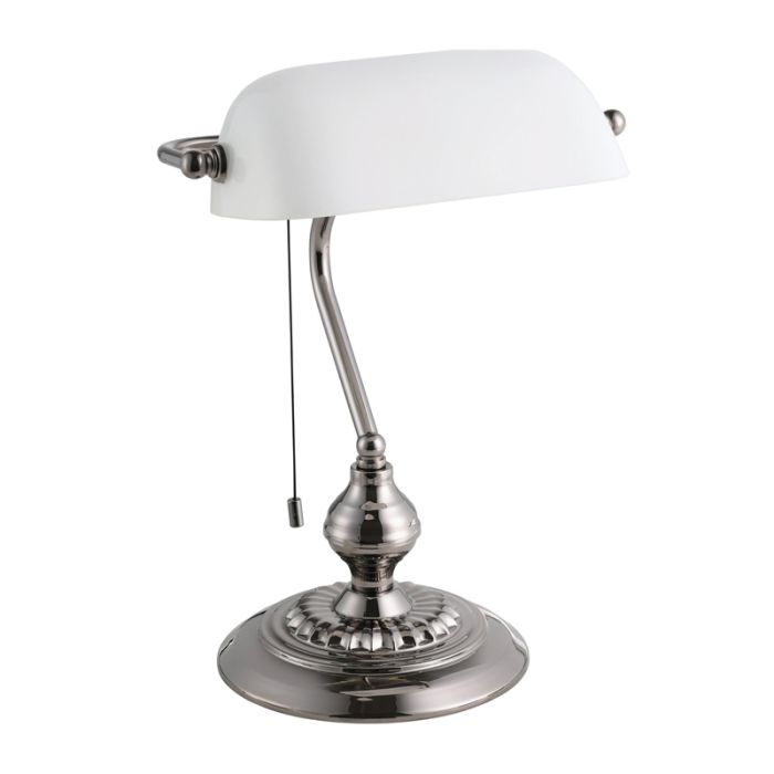 Nickel antik Bankerlampe Stahl, Lugco, mit Zugschalter
