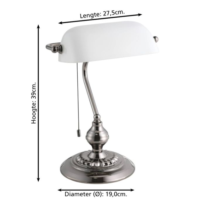 Nickel antik Bankerlampe Stahl, Lugco, mit Zugschalter