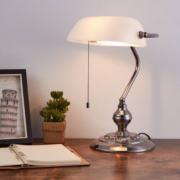 Nickel antik Bankerlampe Stahl, Lugco, mit Zugschalter