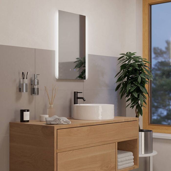 Graue moderne Spiegel mit Beleuchtung Glas, Bibi, 7,1W, warm- bis kaltweiß einstellbare LED, IP44, mit Schalter