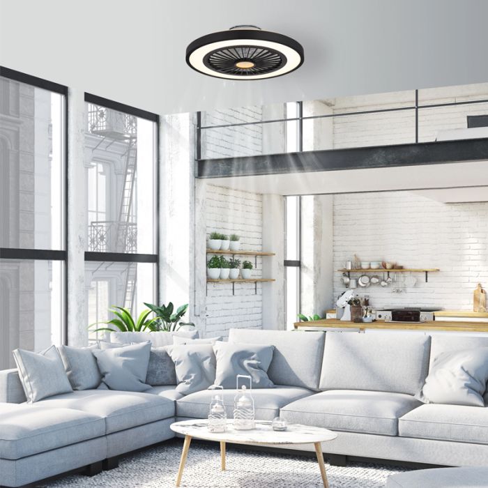 Schwarze moderne Deckenventilator Kunststoff, Komal, 45W, warm- bis kaltweiß einstellbare LED, mit Fernbedienung