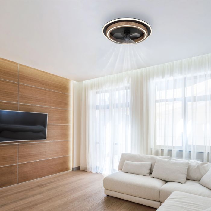 Braune moderne Deckenventilator Kunststoff, Lamine, 32W, warm- bis kaltweiß einstellbare LED, mit Fernbedienung