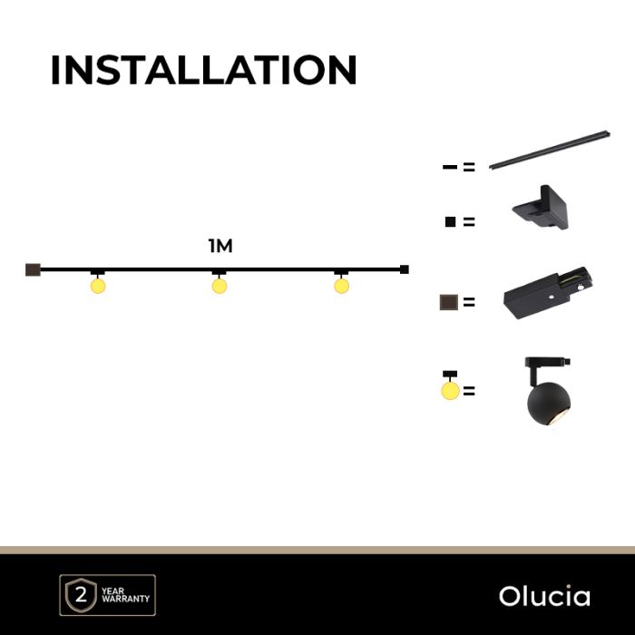 1M schwarzes 1 phase Schienenbeleuchtung System + 3 Alco Strahler