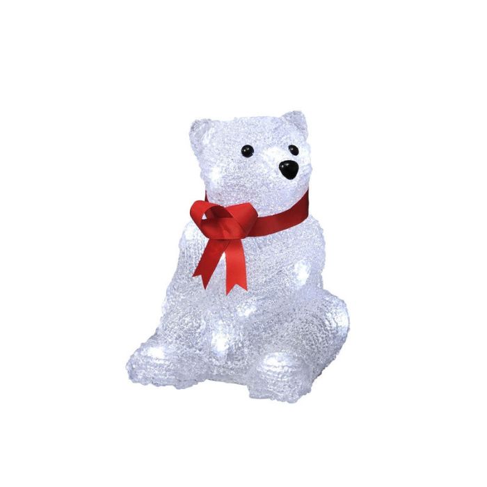 LED Eisbär Weihnachten, sitzend mit roter Schleife 18cm, auf Batterie, für drinnen