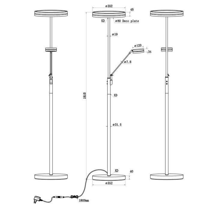 Anthrazit Leselampe Stehlampe Modern, Marjon, 35W, warm- bis kaltweiß einstellbare LED, mit Touch-Dimmer