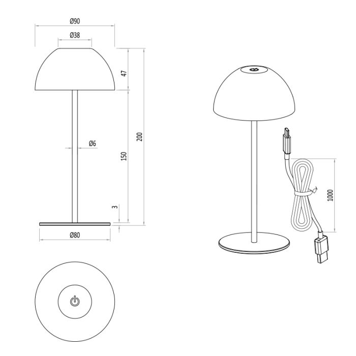 Braune aufladbare Tischlampe Kunststoff, Mikhail, 2W, 3000K LED, IP44, mit Touch-Dimmer