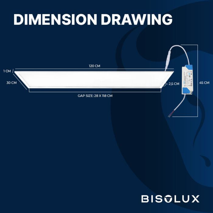 Bisolux LED Panel 120x30 - 38W - 3000K - UGR<19 - Side-lit